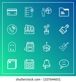 Modern, simple vector icon set on gradient background with horror, modern, checklist, time, unpacking, new, businessman, rucksack, bell, white, meeting, message, package, scary, day, calendar icons
