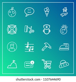 Modern, simple vector icon set on gradient background with astronaut, mountain, housework, moon, finance, equipment, retail, profile, iron, space, bag, construction, sound, shop, planet, food icons