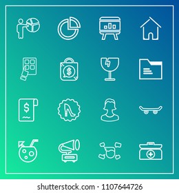 Modern, simple vector icon set on gradient background with infographic, retro, sign, glass, summer, drink, chart, emergency, house, skater, cocktail, graph, man, skate, music, elegance, fashion icons
