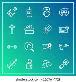 Modern, simple vector icon set on gradient background with ufo, musical, ship, hand, sack, surgeon, control, exercise, tv, tool, remote, sport, purse, search, sound, hospital, utensil, work, gym icons