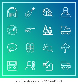 Modern, simple vector icon set on gradient background with office, umbrella, chat, sound, business, button, internet, account, speech, service, statistic, uniform, concert, personal, online icons