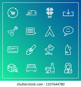 Modern, simple vector icon set on gradient background with cap, statistic, cart, red, job, business, hat, horse, double, employer, trolley, travel, cheque, wine, table, drink, furniture, bedroom icons