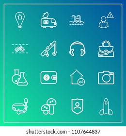 Modern, simple vector icon set on gradient background with photo, space, purse, television, satellite, property, science, swimming, nature, laboratory, estate, camera, real, pin, location, white icons