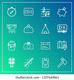 Modern, simple vector icon set on gradient background with badge, container, pin, compass, bucket, security, handle, axe, south, beacon, banner, tool, lock, safe, camera, violoncello icons