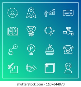 Modern, simple vector icon set on gradient background with web, musical, lunch, progress, downstairs, up, pin, file, down, telephone, lot, online, profile, person, internet, female, location icons