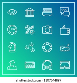 Modern, simple vector icon set on gradient background with calculator, builder, fashion, body, engineer, train, bedroom, bed, technology, button, audio, worker, travel, person, white, eye icons