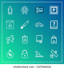 Modern, simple vector icon set on gradient background with liquid, flight, direction, clean, trash, study, aircraft, forest, megaphone, ancient Egypt, business, speaker, travel, plane icons