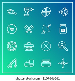 Modern, simple vector icon set on gradient background with online, hand, finance, shop, work, transportation, basket, truck, drill, marketing, pie, market, fishing, computer, holiday, chart, web icons