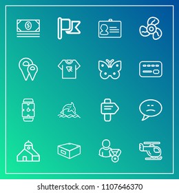 Modern, simple vector icon set on gradient background with nation, nature, sky, speech, id, helicopter, cash, clock, ocean, document, flag, identity, electric, fan, online, business, ventilator icons