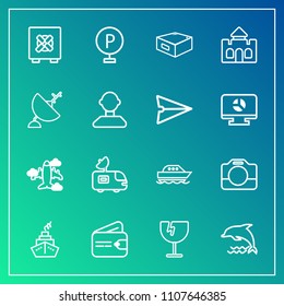 Modern, simple vector icon set on gradient background with camera, airplane, money, crash, destruction, van, nature, tv, purse, finance, handle, water, sea, flight, boat, security, animal, road icons