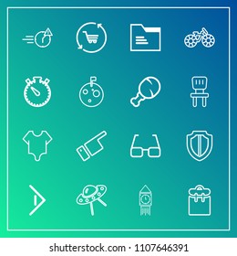 Modern, simple vector icon set on gradient background with cute, protect, direction, ufo, shield, trolley, eye, london, finger, tower, space, eyeglasses, paper, people, fashion, spaceship, phone icons
