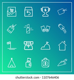 Modern, simple vector icon set on gradient background with construction, phone, business, mountain, delivery, bag, blue, money, tag, telephone, wallet, home, box, shipping