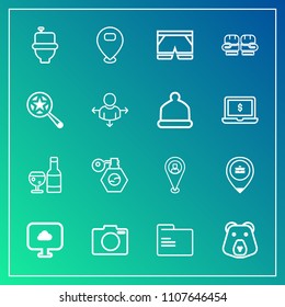 Modern, simple vector icon set on gradient background with technology, business, animal, bathroom, drink, photo, bottle, beauty, camera, glass, map, cloud, boxing, pin, wild icons