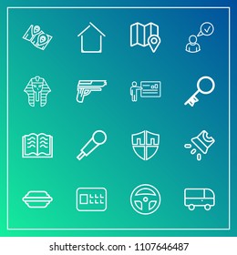 Modern, simple vector icon set on gradient background with technology, estate, transportation, education, mic, pin, burger, projector, safety, travel, transport, screen, protection, map icons