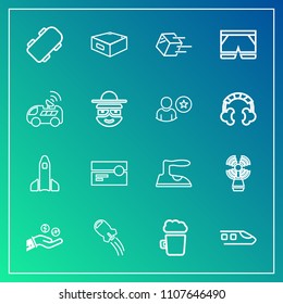 Modern, simple vector icon set on gradient background with transportation, iron, transport, craft, music, package, coin, space, beer, skate board, finance, lighthouse, pub, ironing icons