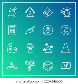 Modern, simple vector icon set on gradient background with wooden, business, van, blue, technology, mountain, product, communication, tool, landscape, spy, nature icons