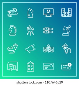 Modern, simple vector icon set on gradient background with sound, list, warehouse, storehouse, car, money, storage, van, loudspeaker, chess, cassette, template, speaker, delivery, loud, fast icons