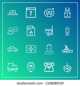 Modern, simple vector icon set on gradient background with leisure, hat, boat, package, profile, car, speech, ocean, unknown, pitch, avatar, telephone, roller, chat, vehicle, soccer, cap, marine icons