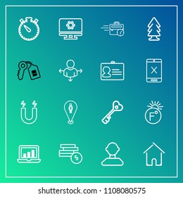Modern, simple vector icon set on gradient background with location, travel, male, profile, sign, fahrenheit, nature, forest, setting, key, security, thermometer, office, time, graphic, watch icons