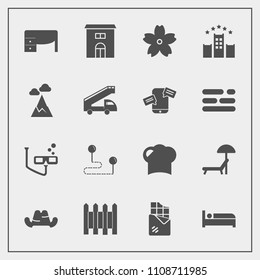 Modern, simple vector icon set with cap, flower, travel, hotel, desk, house, wall, bar, mask, sakura, fence, building, clothing, work, food, summer, headwear, chair, office, chocolate, business icons