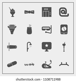 Modern, simple vector icon set with pill, elegance, shower, dessert, medicine, hygiene, up, flower, bow, bouquet, bike, food, ice, office, bath, wine, delivery, fashion, fitness, computer, truck icons