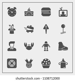 Modern, simple vector icon set with clock, machine, fan, boy, house, hour, screen, building, magic, sweet, award, burger, milk, air, architecture, television, man, boot, doughnut, tv, government icons