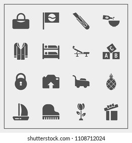 Modern, simple vector icon set with security, garden, blossom, musical, gift, mower, bag, holiday, boat, photo, dinner, grass, upload, travel, piano, japanese, fruit, drink, tropical, wind, lock icons