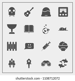 Modern, simple vector icon set with agriculture, fashion, ufo, alien, fish, music, technology, space, clinic, bird, medical, clothing, guitar, rocket, binocular, rice, drill, monster, equipment icons