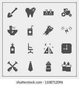 Modern, simple vector icon set with tool, time, white, wax, comfortable, dentist, laboratory, paddle, hour, agriculture, oar, travel, farm, tie, camp, construction, armchair, science, liquid icons