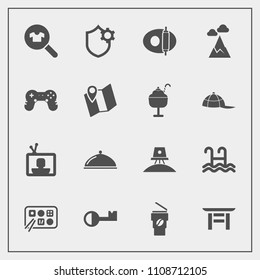 Modern, simple vector icon set with food, game, restaurant, internet, television, service, cup, woman, clothing, security, female, drink, travel, chinese, mountain, play, kitchen, spaceship, key icons
