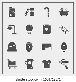 Modern, simple vector icon set with bar, kitchen, hat, new, kid, screen, lollipop, file, market, laptop, child, trolley, bath, chocolate, folder, spring, business, desk, shirt, candy, technology icons