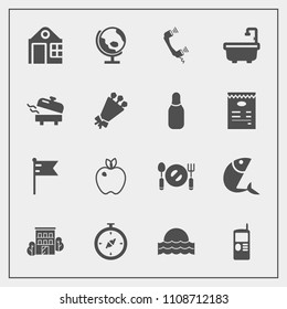 Modern, simple vector icon set with plate, america, world, planet, phone, water, boiler, estate, apple, fruit, telephone, mobile, fish, seafood, global, north, real, globe, compass, nation, call icons