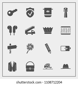 Modern, simple vector icon set with business, towel, way, direction, suit, audio, journey, travel, electricity, food, dress, power, bag, security, pen, key, queen, female, cloth, soft, bathroom icons