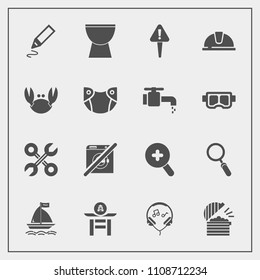 Modern, simple vector icon set with modern, construction, wind, music, fresh, sign, sound, tool, reparation, sea, industrial, zoom, dont, japan, crab, drum, percussion, food, wash, exclamation icons
