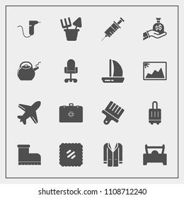 Modern, simple vector icon set with stamp, post, sack, coat, drawing, jacket, drill, postage, clinic, brush, white, background, car, health, dentistry, office, fashion, mail, footwear, travel icons