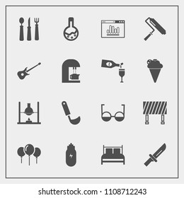Modern, simple vector icon set with birthday, tool, laboratory, road, roller, equipment, lifestyle, brush, fork, chemistry, concept, bed, website, eye, white, celebration, knife, ladle, sign icons