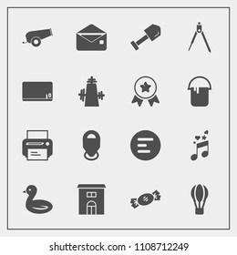 Modern, simple vector icon set with shovel, gun, estate, communication, building, candy, bird, note, print, sweet, balloon, engineering, house, hot, instrument, printer, menu, weapon, divider icons