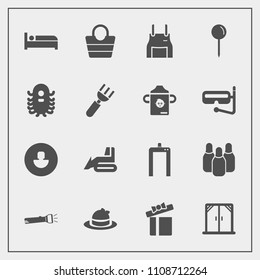 Modern, simple vector icon set with bulldozer, hat, hotel, sport, fashion, object, home, ball, bag, box, avatar, machine, uniform, leather, travel, apron, profile, headwear, present, machinery icons