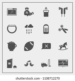 Modern, simple vector icon set with love, pigeon, drink, breakfast, chat, equipment, online, horse, watch, dove, book, vacuum, animal, ball, pulse, candle, flame, audio, housework, heart, food icons