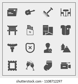 Modern, simple vector icon set with forest, alcohol, account, protection, camera, safety, environment, tree, film, sign, rake, paper, guitar, winter, picture, frame, socks, drink, red, document icons