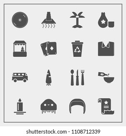 Modern, simple vector icon set with bus, vegetable, document, equipment, transportation, drink, knife, paper, helmet, disc, fiction, office, belt, nature, decoration, file, dinner, tropical, dvd icons