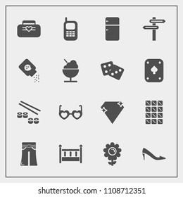 Modern, simple vector icon set with salmon, pants, sunglasses, object, fish, jewel, household, glasses, fashion, chocolate, refrigerator, blossom, shoe, elegant, baby, home, diamond, spring, bar icons