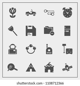 Modern, simple vector icon set with fun, camp, castle, kitchen, furniture, building, space, baby, vehicle, bed, station, communication, science, cosmonaut, sofa, cooking, nature, outdoor, pan icons