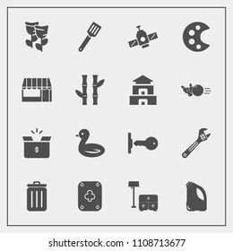Modern, simple vector icon set with house, kitchen, game, food, cardboard, cooking, bird, door, furniture, floral, wildlife, sky, play, tool, security, container, box, table, pan, space, poker icons