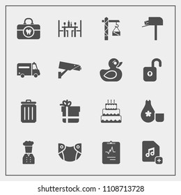 Modern, simple vector icon set with bow, care, package, japan, mailbox, add, food, bin, restaurant, construction, medicine, post, cake, mail, can, ambulance, heart, file, dessert, chief, message icons