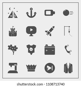 Modern, simple vector icon set with ball, tent, energy, anchor, spring, call, media, business, sew, battery, royal, clothes, sign, suit, adventure, full, blossom, music, fashion, camp, telephone icons