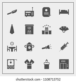 Modern, simple vector icon set with traditional, lift, flashlight, kimono, modern, dentist, costume, cutlery, old, light, bucket, identity, milk, radio, food, asia, dinner, knife, restaurant icons