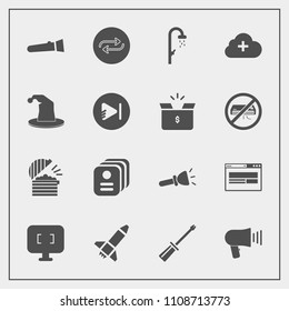 Modern, simple vector icon set with id, coffee, flashlight, business, restaurant, internet, rocket, loudspeaker, identity, web, construction, monitor, hygiene, concept, technology, chef, replace icons