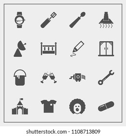 Modern, simple vector icon set with food, grater, paint, wine, tool, antenna, medicine, medical, color, interior, fashion, shirt, red, spoon, painter, new, dinner, radio, castle, house, wrench icons
