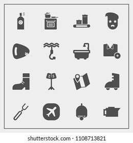 Modern, simple vector icon set with road, airplane, restaurant, cafe, paint, knife, cooking, plane, spray, white, oven, coffee, boot, sport, alarm, fashion, foot, orchestra, musical, bell, retro icons